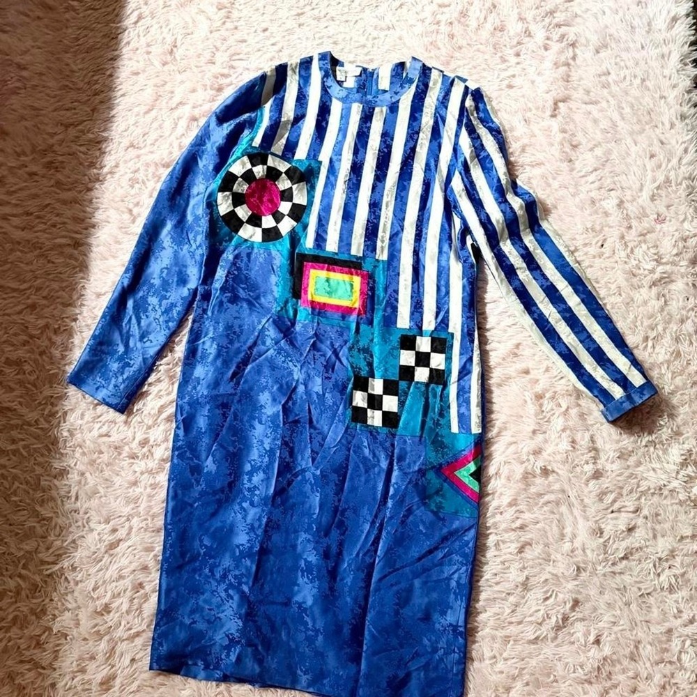 Vintage 80s 100% Silk Retro Geometric Abstract Dress Womens 6 Artistic Nostalgic